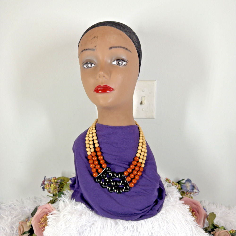 Multi Strand Beaded Statement Necklace Tan Brown Black Chunky Bib Boho Jewelry